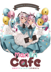 Rule 34 | 2girls, animal ears, apron, balloon, black footwear, blue dress, blush, cat ears, cat girl, cat tail, closed mouth, commentary request, confetti, dress, english text, frilled apron, frills, grey hair, hair between eyes, hair ornament, hairclip, juliet sleeves, long hair, long sleeves, looking at viewer, multicolored hair, multiple girls, natsume eri, original, pennant, pink hair, pleated dress, puffy sleeves, purple hair, rabbit ears, red eyes, shoes, simple background, sleeves past wrists, smile, streaked hair, string of flags, striped clothes, striped dress, tail, tail raised, tomari mari, tomari mari channel, translation request, twintails, vertical-striped clothes, vertical-striped dress, very long hair, virtual youtuber, white apron, white background