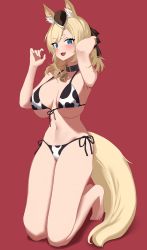 Rule 34 | 1girl, 360 (taiyo360), absurdres, alternate costume, animal ears, animal print, arknights, bare legs, barefoot, bell, bikini, black collar, black hat, black ribbon, blonde hair, blue eyes, blush, breasts, cleavage, collar, commentary, cow print, cowbell, front-tie bikini top, front-tie top, full body, garrison cap, hair ribbon, hat, highres, horse ears, horse girl, horse tail, kneeling, large breasts, long hair, looking at viewer, navel, neck bell, open mouth, paid reward available, parted bangs, print bikini, red background, ribbon, side-tie bikini bottom, simple background, smile, solo, stomach, string bikini, swimsuit, tail, thick eyebrows, whislash (arknights)
