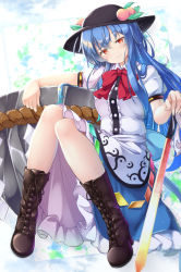 Rule 34 | 1girl, aka tawashi, back bow, black headwear, blue hair, blush, boots, bow, breasts, brown footwear, buttons, center frills, collared shirt, commentary, cross-laced footwear, dress, fingernails, frilled dress, frilled skirt, frills, fruit hat ornament, full body, high heel boots, high heels, highres, hinanawi tenshi, invisible chair, keystone, knees, lace-up boots, long hair, looking at viewer, medium breasts, peach hat ornament, petticoat, puffy short sleeves, puffy sleeves, rainbow order, red eyes, red neckwear, red ribbon, ribbon, rope, shadow, shimenawa, shirt, short sleeves, sitting, skirt, smile, solo, sword, sword of hisou, touhou, weapon, white bow, wing collar
