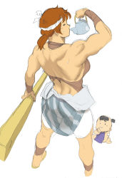 Rule 34 | 1boy, 1girl, age difference, anklet, ass, baby, back, biceps, bracer, breasts, brown hair, club (weapon), drinking, closed eyes, from behind, highres, jewelry, leotard, muscular, muscular female, nappii (nappy happy), original, ponytail, shorts, simple background, sketch, skirt, sweat, teapot, weapon, white background