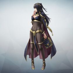 Rule 34 | 1girl, 3d, bangle, black hair, bodystocking, bodysuit, bracelet, breasts, bridal gauntlets, cape, circlet, cleavage, covered navel, fire emblem, fire emblem awakening, fire emblem warriors, hand to own mouth, jewelry, looking at viewer, nintendo, official art, simple background, skin tight, solo, tharja (fire emblem), tiara, two side up