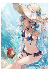 Rule 34 | 1girl, amane kanata, beach, bikini, black bikini, blue hair, bracelet, breasts, coconut, colored inner hair, drinking straw, frilled bikini, frills, grey hair, hair rings, hat, highres, hololive, jacket, jacket partially removed, jewelry, long hair, miakiuehashi, midriff, multicolored hair, navel, purple eyes, sitting, small breasts, solo, starfish, straw hat, swimsuit, thigh strap, twintails, virtual youtuber, water