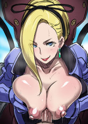 Rule 34 | 1boy, 1girl, blonde hair, blue eyes, breasts, breasts squeezed together, butcha-u, cockpit, deep skin, earrings, fringe trim, gundam, gundam g no reconguista, hairband, huge breasts, huge nipples, jewelry, lipstick, long hair, looking at viewer, makeup, mick jack, nipples, no bra, paizuri, penis, perpendicular paizuri, pilot suit, pov, puffy nipples, red lips, seductive smile, shiny skin, smile, solo focus, sweat, thick lips, uncensored