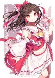 Rule 34 | 1girl, absurdres, ascot, bare shoulders, border, bow, brown hair, commentary request, crop top, dated, detached sleeves, feet out of frame, frilled ascot, frills, gunjou row, hair bow, hair tubes, hakurei reimu, half updo, hand up, highres, holding, layered clothes, long hair, long sleeves, midriff, nail polish, navel, ofuda, orange eyes, outside border, petticoat, purple background, red ascot, red bow, red nails, red ribbon, ribbon, ribbon-trimmed skirt, ribbon-trimmed sleeves, ribbon trim, sidelocks, signature, simple background, skirt, solo, standing, stomach, touhou, waist cape, white border, white skirt, wide sleeves, yellow ascot