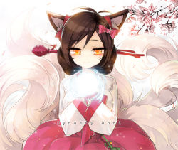 Rule 34 | 1girl, ahri (league of legends), alternate costume, alternate hairstyle, animal ears, antenna hair, asamiyajy, black hair, bow, breasts, brown hair, character name, cherry blossoms, dynasty ahri, facial mark, fox ears, fox tail, glowing, hair bow, hair bun, hair ornament, hair stick, korean clothes, league of legends, light smile, long sleeves, looking down, magic, multiple tails, orange eyes, orb, petals, pink skirt, shirt, short hair, skirt, sleeves past wrists, smile, solo, tail, whisker markings, white shirt