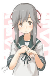Rule 34 | 1girl, absurdres, brown eyes, chikuwa, commentary request, food, fyuo, grey hair, grey sailor collar, hair ribbon, highres, holding, kantai collection, long hair, looking at viewer, one-hour drawing challenge, ponytail, ribbon, sailor collar, solo, upper body, usugumo (kancolle)
