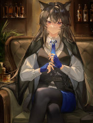 Rule 34 | 1girl, absurdres, alcohol, animal ear fluff, animal ears, arknights, black hair, black pantyhose, black vest, blue gloves, blue necktie, blue skirt, bottle, closed mouth, collared shirt, couch, crossed legs, cup, drinking glass, ergouzi echo, formal, gloves, highres, indoors, long hair, long sleeves, looking at viewer, necktie, pantyhose, red eyes, shirt, sitting, skirt, solo, tail, texas (arknights), texas the omertosa (arknights), vest, whiskey, white shirt, wine bottle, wine glass, wolf ears, wolf girl, wolf tail