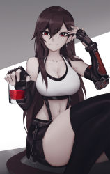 Rule 34 | 1girl, alcohol, black gloves, black skirt, black thighhighs, breasts, brown hair, closed mouth, commentary, cup, earrings, elbow pads, english commentary, final fantasy, final fantasy vii, final fantasy vii remake, fingerless gloves, gloves, hair between eyes, holding, holding cup, jewelry, large breasts, liyart, long hair, looking at viewer, pencil skirt, pov, red eyes, shirt, sidelocks, sitting, skirt, smile, suspender skirt, suspenders, tank top, taut clothes, taut shirt, thighhighs, thighs, tifa lockhart, white tank top