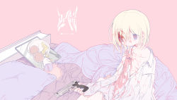 Rule 34 | 1girl, bed, blanket, blonde hair, blood, blood on clothes, blood on face, blue eyes, breasts, cup, egg, female focus, food, fork, gun, highres, holding, holding gun, holding weapon, messy hair, mug, on bed, original, outo eguchi, oversized clothes, oversized shirt, pale color, pancake, partially unbuttoned, pink background, plate, shirt, sitting, small breasts, solo, tray, weapon, white shirt