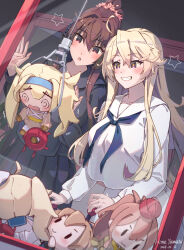 Rule 34 | 2girls, abyssal ship, artist name, black skirt, blonde hair, blue neckerchief, blush, breasts, brown eyes, brown hair, character doll, dated, enemy lifebuoy (kancolle), gambier bay (kancolle), grey eyes, grin, hair between eyes, highres, himeyamato, intrepid (kancolle), iowa (kancolle), kantai collection, large breasts, long hair, long sleeves, multiple girls, neckerchief, open mouth, pleated skirt, ponytail, saratoga (kancolle), signature, skirt, smile, star-shaped pupils, star (symbol), symbol-shaped pupils, white skirt, yamato (kancolle)