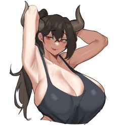 Rule 34 | 1girl, armpits, arms up, bare shoulders, black hair, black tank top, blush, borrowed character, breasts, cleavage, collarbone, cow horns, cropped torso, furrowed brow, hair between eyes, high ponytail, highres, horns, huge breasts, long hair, looking at viewer, open mouth, original, ponytail, red eyes, saru (monkey magic3), sideboob, simple background, solo, sweatdrop, tank top, upper body, white background