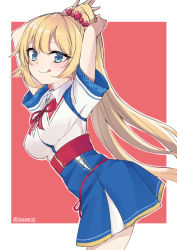 Rule 34 | 1girl, absurdres, adjusting hair, akai haato, akai haato (1st costume), alternate hairstyle, artist name, blonde hair, blue eyes, blush, hair ornament, heart, heart hair ornament, highres, hololive, long hair, looking at viewer, ogura32, ponytail, red background, ribbon, simple background, smile, tongue, tongue out, very long hair, virtual youtuber