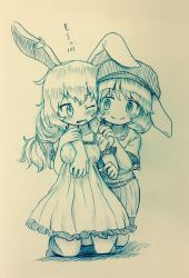 Rule 34 | 2girls, animal ears, arinu, blush, breasts, commentary request, dress, earclip, floppy ears, hat, highres, kneeling, long hair, looking at another, medium breasts, monochrome, multiple girls, one eye closed, puffy short sleeves, puffy sleeves, rabbit ears, ringo (touhou), seiran (touhou), shirt, short sleeves, shorts, smile, touhou