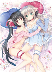 Rule 34 | 2girls, :3, animal ear fluff, animal ears, bare legs, bare shoulders, barefoot, bikini, black bow, black hair, blue bow, blue dress, blue jacket, bow, braid, breasts, bridal garter, cat ears, cat girl, cat tail, cleavage, closed mouth, collarbone, commentary request, dog ears, dog girl, dog tail, dress, fingernails, flower, frilled dress, frilled pillow, frills, green eyes, grey hair, hair between eyes, hair bow, hand up, heart, heart-shaped pillow, highres, hug, jacket, korie riko, large breasts, long hair, long sleeves, lying, multiple girls, off shoulder, on back, open clothes, open jacket, original, petals, pillow, pink bikini, pink jacket, red bow, red eyes, side braid, sidelocks, single braid, sleeveless, sleeveless dress, sleeves past wrists, swimsuit, tail, twintails, very long hair, white flower