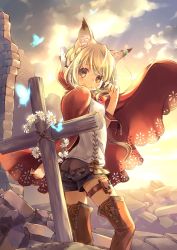 Rule 34 | 1girl, animal ears, blonde hair, boots, braid, bug, butterfly, cape, closed mouth, cloud, cloudy sky, contrapposto, cross, daisy, day, flower, fox ears, hand up, bug, kuga tsukasa, leg belt, light rays, long hair, looking at viewer, original, outdoors, red cape, ruins, sad smile, shirt, shorts, sky, solo, standing, sunrise, tears, thigh boots, thighhighs, tombstone, wall, white shirt