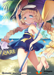 Rule 34 | 1girl, bad id, bad pixiv id, barefoot, beach, blonde hair, blue eyes, blue one-piece swimsuit, bow, braid, company name, copyright name, day, feet, hair bow, innertube, long hair, looking at viewer, manle, montgomery (qurare), oar, official art, one-piece swimsuit, outdoors, qurare magic library, soles, standing, standing on one leg, swim ring, swimsuit, toes, turning back, twin braids, very long hair, water