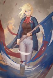 Rule 34 | 1girl, alternate costume, azur lane, black footwear, blonde hair, blue coat, blue eyes, blue ribbon, breasts, coat, flag, french flag, herfstijl, highres, holding, holding flag, jeanne d&#039;arc (azur lane), long hair, looking at viewer, medium breasts, open clothes, open coat, pants, red neckwear, ribbon, solo, standing, waistcoat, white pants