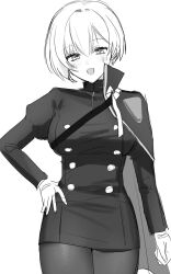 Rule 34 | + +, 1girl, :d, blush, breasts, cape, cowboy shot, dress, earrings, gloves, goddess of victory: nikke, greyscale, hand on own hip, highres, jewelry, kumo tabetai, large breasts, liliweiss (nikke), looking at viewer, military uniform, monochrome, open mouth, pantyhose, short hair, simple background, smile, solo, star-shaped pupils, star (symbol), symbol-shaped pupils, uniform, white background
