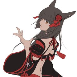 Rule 34 | 1girl, animal ears, armor, warrior of light (ff14), black hair, cat ears, detached sleeves, final fantasy, final fantasy xiv, fingernails, flat color, floral print, flower, hair flower, hair ornament, hand up, highres, japanese armor, kote, kurokote, long hair, long sleeves, miqo&#039;te, open mouth, orange eyes, red flower, red ribbon, ribbon, simple background, solo, white background, wide sleeves, yoshikyuu