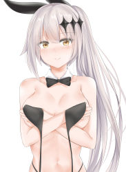 Rule 34 | 1girl, absurdres, bare shoulders, bikini, black bikini, blush, bow, breasts, brown eyes, cleavage, closed mouth, collarbone, commentary request, covering privates, covering breasts, detached collar, five-seven (cruise queen) (girls&#039; frontline), five-seven (girls&#039; frontline), girls&#039; frontline, hair ornament, hair ribbon, head tilt, highleg, highleg bikini, highres, large breasts, long hair, looking at viewer, navel, official alternate costume, ponytail, ribbon, ru zhai, sidelocks, silver hair, simple background, skindentation, smile, solo, stomach, swimsuit, untied bikini, upper body, very long hair, white background