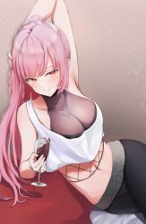Rule 34 | 1girl, absurdres, alcohol, arm behind head, arm up, armpits, bare shoulders, blush, bra, breasts, ceavage, crop top, cup, drinking glass, eyes visible through hair, female focus, fishnet top, fishnets, highres, hololive, hololive english, holomyth, large breasts, long hair, looking at viewer, lying, mori calliope, navel, pink hair, ponytail, red eyes, shirt, simple background, smile, solo, tank top, umi 2804, underwear, virtual youtuber, white shirt, wine, wine glass