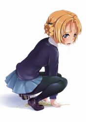 Rule 34 | 10s, 1girl, all fours, between legs, black pantyhose, black theme, blonde hair, blue eyes, blue skirt, blush, breasts, dazed, dripping, drooling, embarrassed, eyebrows, full body, girls und panzer, hair between eyes, hair ornament, hair ribbon, hand between legs, leggings, loafers, looking afar, lunalu9, mary janes, open mouth, orange pekoe (girls und panzer), pantyhose, pee, peeing, peeing self, pleated skirt, ribbon, saliva, school uniform, shoes, short hair, simple background, skirt, solo, squatting, sweater, thighs, wavy mouth, wet, white background