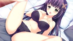 Rule 34 | 1girl, black bra, black hair, black panties, blunt bangs, blush, bow, bow bra, bow panties, bra, breasts, cameltoe, cleavage, dutch angle, game cg, green eyes, hair ornament, highres, kuroki ayame, long hair, looking at viewer, lying, navel, on back, on bed, open mouth, panical confusion, panties, shiwasu horio, solo, spread legs, stomach, underwear, underwear only