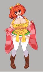 Rule 34 | 1girl, alternate breast size, apron, areola slip, bell, boots, breasts, checkered clothes, checkered kimono, cleavage, covered erect nipples, curvy, full body, hair bell, hair ornament, huge breasts, japanese clothes, kimono, long sleeves, looking at viewer, lowres, motoori kosuzu, namako daibakuhatsu, orange hair, pigeon-toed, pixel art, red eyes, red hair, simple background, skindentation, skirt, smile, solo, standing, thighhighs, touhou, wide hips, wide sleeves