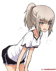 Rule 34 | 1girl, alternate hairstyle, artist name, black shorts, blue eyes, blush, breath, commentary, cowboy shot, dolphin shorts, frown, girls und panzer, gym shorts, gym uniform, hair tie, hair up, half-closed eyes, hands on own legs, itsumi erika, kayabakoro, leaning forward, looking at viewer, medium hair, one-hour drawing challenge, open mouth, shirt, short ponytail, short shorts, short sleeves, shorts, silver hair, simple background, single vertical stripe, sketch, solo, sweat, twitter username, white background, white shirt