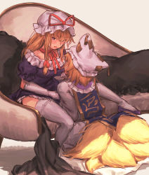 Rule 34 | 2girls, animal hat, beige background, blonde hair, choker, commentary request, couch, dress, fox tail, frilled shirt collar, frills, from behind, hair between eyes, hair ribbon, hat, hat ribbon, highres, kneeling, long hair, long sleeves, looking at another, masanaga (tsukasa), mob cap, multiple girls, multiple tails, parted lips, petticoat, puffy short sleeves, puffy sleeves, purple dress, purple eyes, purple footwear, red choker, red ribbon, ribbon, ribbon choker, shoes, short dress, short hair, short sleeves, sidelocks, simple background, sitting, sketch, smile, tabard, tail, thighhighs, thighs, touhou, white dress, white headwear, white legwear, yakumo ran, yakumo yukari, yuri