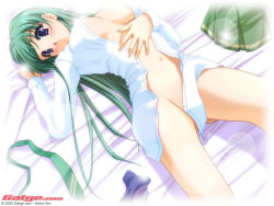 Rule 34 | 00s, 1girl, 2005, aoi hatori, bed, blue eyes, blush, bottomless, breasts, cleavage, galge.com, green hair, green skirt, hatori aoi, large breasts, long hair, long sleeves, lying, navel, open clothes, open shirt, shirt, skirt, unworn skirt, solo, wallpaper, white shirt