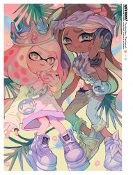 Rule 34 | 2girls, cropped sweater, crown, cuffs, dark-skinned female, dark skin, dress, full body, gradient background, green eyes, hand on headphones, headphones, highres, inkling, jewelry, leaf, long hair, looking at viewer, marina (splatoon), mole, mole under mouth, multiple girls, nintendo, octoling, pearl (splatoon), ring, smile, splatoon (series), splatoon 2, splatoon 2: octo expansion, suction cups, sweater, sweater dress, tentacle hair, white hair, yellow eyes, yoshida (ne)