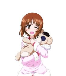Rule 34 | 1girl, blush, boko (girls und panzer), brown eyes, brown hair, girls und panzer, highres, key (gaigaigai123), looking at viewer, nishizumi miho, one eye closed, open mouth, short hair, simple background, smile, solo, stuffed toy, white background