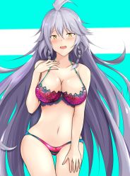 Rule 34 | 1girl, ahoge, bad id, bad pixiv id, blue background, blush, bra, braid, breasts, cleavage, collarbone, commentary request, cowboy shot, granblue fantasy, hair between eyes, large breasts, long hair, looking at viewer, magaasha, navel, open mouth, panties, purple bra, purple panties, side braids, silva (granblue fantasy), silver hair, solo, thigh gap, underwear, underwear only, very long hair, yellow eyes