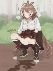 Rule 34 | 1girl, ahoge, alhambara, ankle boots, asymmetrical legwear, belt, blush, boots, brown corset, brown hair, bush, cleavage cutout, closed eyes, clothing cutout, corset, dirt, feather hair ornament, feathers, forest, gloves, hair ornament, hairclip, highres, hololive, hololive english, knee strap, kneehighs, long hair, multicolored hair, nanashi mumei, nature, partially fingerless gloves, pee stain, peeing, pleated skirt, ponytail, pussy, red skirt, shirt, single kneehigh, single sock, single thighhigh, skirt, socks, steam, steaming body, streaked hair, thigh strap, thighhighs, tree, uncensored, very long hair, virtual youtuber, white shirt