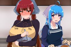 Rule 34 | 2girls, :d, ahoge, apron, azur lane, black sweater, blue hair, blunt bangs, blush, breasts, closed mouth, embarrassed, frown, full-face blush, helena (azur lane), highres, honolulu (azur lane), large breasts, long hair, medium breasts, multiple girls, open mouth, purple eyes, red eyes, red hair, smile, sweat, sweater, takanotsume, twintails
