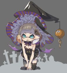 Rule 34 | 1girl, :o, armlet, bad id, bad pixiv id, black bow, black bowtie, black dress, blue eyes, blush, bow, bowtie, breasts, cleavage, cross, dress, fang, frilled skirt, frills, full body, graveyard, hair ornament, halloween, halloween costume, hat, highres, inkling, inkling girl, inkling player character, kneeling, mask, nintendo, open mouth, orange hair, short hair, skirt, sleeveless, sleeveless dress, small breasts, solo, spider web print, strapless, strapless dress, thighhighs, tombstone, witch hat, yu-ri (arium047)