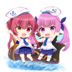 Rule 34 | 2girls, :d, alternate costume, anchor symbol, bare arms, bare shoulders, beret, black footwear, blue hair, blue neckwear, blue ribbon, blue sailor collar, blue shorts, blush, braid, breasts, cannon, chibi, commentary request, dress, hair ribbon, hat, heterochromia, hololive, houshou marine, kneehighs, long hair, looking at viewer, minato aqua, mizuki haruka, multicolored hair, multiple girls, open mouth, outstretched arm, pink eyes, pink hair, red eyes, red hair, ribbon, sailor collar, sailor dress, school uniform, serafuku, ship, shirt, short shorts, shorts, shorts under dress, sleeveless, sleeveless shirt, small breasts, smile, socks, twintails, two-tone hair, very long hair, virtual youtuber, water, watercraft, white background, white dress, white headwear, white legwear, yellow eyes