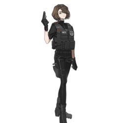 Rule 34 | 1girl, arm up, artist request, badge, black footwear, black gloves, black pants, black shirt, black vest, boots, brown hair, buckle, closed mouth, expressionless, foot out of frame, full body, girls&#039; frontline, gloves, grey eyes, gun, hair over one eye, handgun, holding, holding gun, holding weapon, holster, long hair, looking at viewer, official art, pants, pants tucked in, ponytail, pouch, romy riefenstahl, shirt, short sleeves, simple background, snap-fit buckle, solo, standing, thigh holster, transparent background, trigger discipline, vest, weapon, weapon request