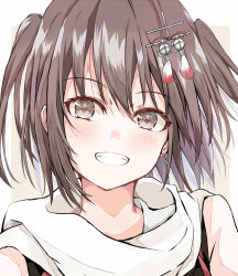 Rule 34 | 1girl, :d, bare shoulders, blush, brown background, brown eyes, brown hair, close-up, commentary, dairyo3, grin, hair between eyes, hair ornament, highres, kantai collection, looking at viewer, open mouth, outside border, scarf, sendai (kancolle), short hair, smile, solo, two side up, white scarf