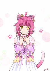 Rule 34 | 1girl, ahoge, animal ears, bell, blunt bangs, blunt ends, blush stickers, bubble background, cat ears, cat girl, cat tail, clenched hands, commentary, cross-laced clothes, dot nose, dress, expressionless, flower, frilled dress, frilled sleeves, frills, hair flower, hair ornament, hands up, jingle bell, lace trim, long sleeves, looking at viewer, love live!, love live! nijigasaki high school idol club, low twintails, m ko (maxft2), parted lips, paw print, pink hair, pink ribbon, purple sleeves, ribbon, short hair, sidelocks, solo, tail, tennoji rina, twintails, upper body, white background, white dress, yellow eyes