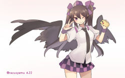 Rule 34 | 1girl, black necktie, black wings, brown hair, cellphone, checkered clothes, checkered skirt, frilled shirt collar, frills, gradient background, hair ribbon, hat, himekaidou hatate, long hair, miniskirt, necktie, one eye closed, phone, pointy ears, puffy short sleeves, puffy sleeves, purple eyes, purple ribbon, razuzyamu, ribbon, shirt, short sleeves, simple background, skirt, smile, solo, tokin hat, touhou, twintails, v, very long hair, white shirt, wings, wrist cuffs