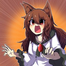 Rule 34 | 1girl, :d, animal ear fluff, animal ears, brooch, brown background, brown hair, commentary request, dress, emphasis lines, eyes visible through hair, fang, hair between eyes, highres, hurin raika, imaizumi kagerou, jewelry, long hair, long sleeves, looking at viewer, one-hour drawing challenge, open mouth, red eyes, skin fang, smile, solo, touhou, upper body, white dress, wide sleeves, wolf ears, wolf girl