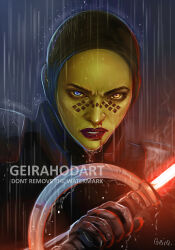 Rule 34 | 1girl, alien, armor, artist name, barriss offee, black armor, black gloves, blood, blue eyes, colored skin, double-bladed spinning lightsaber, energy sword, english text, facial mark, geirahod, gloves, green skin, heterochromia, holding lightsaber, lightsaber, looking at viewer, mirialan, nosebleed, rain, red lightsaber, red lips, signature, solo, star wars, sword, upper body, watermark, weapon, yellow eyes