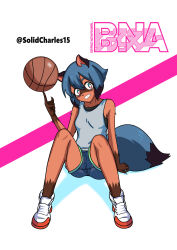 Rule 34 | 1girl, absurdres, animal ears, ball, basketball (object), blue hair, blush, brand new animal, breasts, copyright name, denim, denim shorts, female focus, fingernails, full body, furry, furry female, grey shirt, hair between eyes, highres, holding, holding ball, kagemori michiru, knees up, looking at viewer, raccoon ears, raccoon girl, raccoon tail, sharp fingernails, shirt, shoes, short hair, shorts, sitting, sleeveless, small breasts, smile, sneakers, solidcharles, solo, tail, tank top, teeth, thighs, white footwear