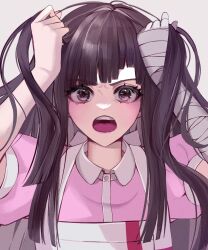 Rule 34 | 1girl, angry, apron, arms up, bandaged arm, bandages, black hair, collared shirt, d:, danganronpa (series), danganronpa 2: goodbye despair, grabbing own hair, highres, holding, holding hair, kkochmeli, long hair, open mouth, pink shirt, puffy short sleeves, puffy sleeves, shirt, short sleeves, simple background, solo, teeth, tsumiki mikan, upper body, upper teeth only, white apron, white background