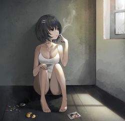 Rule 34 | 1girl, ass, bad id, bad pixiv id, bare arms, bare shoulders, barefoot, black hair, black panties, breasts, camisole, cigarette, cleavage, collarbone, crop top, drugs, emoji, hair ornament, hairclip, hand up, holding, holding cigarette, indoors, knees to chest, knees up, large breasts, looking away, looking outside, mole, mole under eye, no pants, original, panties, pill, pleading face emoji, purple eyes, shirt, short hair, sitting, sleeveless, sleeveless shirt, smoke, smoking, solo, spaghetti strap, suou-sensei, thighs, underwear, underwear only, white shirt, window, window shadow, wooden floor, x hair ornament