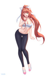 Rule 34 | 1girl, artist name, bare arms, bare shoulders, bow, breasts, cleavage, collarbone, commission, crop top, doki doki literature club, finger to mouth, full body, green eyes, hair bow, holding, holding pen, index finger raised, large breasts, leggings, lips, loafers, long hair, looking at viewer, midriff, monika (doki doki literature club), navel, one eye closed, orange hair, pen, ponytail, shirt, shoes, shushing, simple background, siun, sleeveless, sleeveless shirt, solo, spaghetti strap, stomach, thigh gap, very long hair, white background, white bow, white shirt