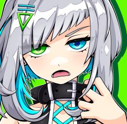 Rule 34 | 1boy, adjusting choker, androgynous, bare shoulders, belt collar, black shirt, blue eyes, blue hair, close-up, collarbone, cross-laced clothes, cross-laced top, earrings, frown, green background, green eyes, hair ornament, hairclip, halftone, hand up, heterochromia, highres, jewelry, jitome, looking at viewer, male focus, multicolored hair, open mouth, outline, shadow, shirt, short hair, sidelocks, simple background, sleeveless, sleeveless shirt, slys (jesterdysphoria), solo, two-tone hair, utatane piko, vocaloid, white hair, white outline