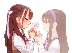 Rule 34 | 2girls, artist name, assault lily, bow, bowtie, braid, brown hair, closed mouth, collared shirt, commentary, corset, facing another, fading, flower, french braid, from side, fukuyama jeanne sachie, hair bow, hairband, hands up, holding, holding flower, interlocked fingers, kishimoto maria mirai, komuzuka, light blush, long hair, long sleeves, looking at another, ludvico private girls&#039; academy school uniform, mole, mole above mouth, multiple girls, own hands clasped, own hands together, pink bow, pink bowtie, profile, purple eyes, purple hairband, rose, school uniform, shirt, sidelocks, signature, simple background, smile, suspenders, symbol-only commentary, underbust, white background, white flower, white rose, white shirt